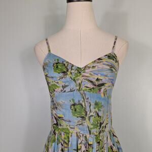 Floral Mini Dress S Blue Green Jigsaw Sundress Cotton Gauze Beach Retro Tropical